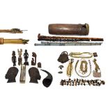 A Collection of Ethnographic Items, including a Maori walking stick carved with figures with inset