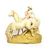 Post 1919 Royal Dux model of horses, one with a figure astride of a naturalistic base, model number: