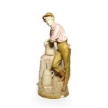 Post 1919 Royal Dux figure of a farm worker and fountain, model number: 10563, 63cm high