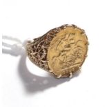 A 1925 half sovereign mounted as a ring, finger size J. Shank hallmarked for 9 carat gold. Gross
