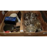 Three boxes of silver plated wares, brass candle sticks, dinner wares glass, etc