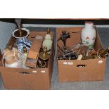 A quantity of assorted ceramics and table lamps including two Benson style brass lamps (two boxes)