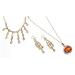 A 9 carat gold citrine fringe necklace, chain length 53cm, a pair of similar drop earrings with hook