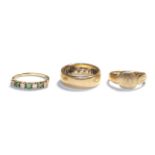 A 14 carat gold band ring, finger size N1/2; a 9 carat gold signet ring, finger size N1/2 and a 9