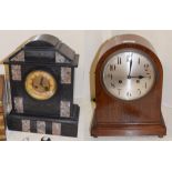 Victorian black slate mantel clock and another oak cased clock (2)