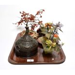 Hardstone tree, cricket box, prayer roll holder, soapstone dish