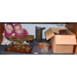 Waterloe & Sons ticket machine, set of brass postal scales, two composition dolls and a box of