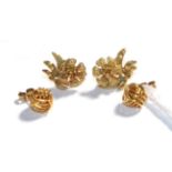 A pair of 18 carat gold floral spray earrings, with post fittings and a pair of 9 carat gold knot