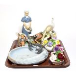 A Royal Copenhagen crab tray, Royal Copenhagen model of a girl and goose, a Royal Crown Derby