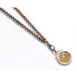 A pinchbeck chain with attached medallion indistinctly marked . Gross weight 46.3 grams.