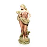 Post 1919 Royal Dux figure of a fisher woman holding net and shell, model number: 2019, 48cm high