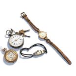 A 14k Continental fob watch, Roman dial, stamped 14k, together with a silver fob watch and two