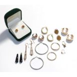 Four pairs of 9 carat gold hoop earrings, a pair of drop earrings, stamped '9CT'; a pair of knot