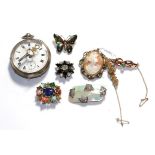 A Waltham silver open face pocket watch with winder, a brooch stamped '9CT', a diamond set brooch