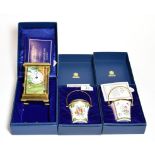A Halcyon Days enamel carriage timepiece and two Halcyon Days enamel buckets (3). Models in good