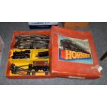 Boxed Hornby goods set No 55, loco, carriage, trailer with some track