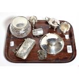 A collection of assorted silver including a capstan inkstand, a case stamped with putto, a