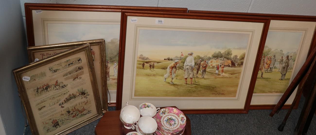 Three sporting prints after Douglas West, R Fox Hunting prints and seven assorted walking sticks