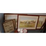 Three sporting prints after Douglas West, R Fox Hunting prints and seven assorted walking sticks