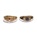 An 18 carat enamel and split pearl mourning ring, finger size M and an 18 carat gold gem set ring,