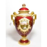 Coalport gilt twin-handled vase and cover Coronation Edward VII 1902, painted with a view of Windsor