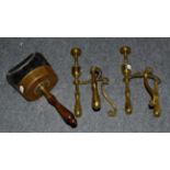 A pair of brass andirons, a brass scoop and a small oak cabinet (4)