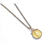 An 1887 double sovereign mounted as a pendant on chain, chain length 67.5cm . Pendant mount