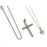 A paste set cross pendant, stamped '9K', length 6.6cm, a gilt metal pendant on chain and a plated