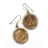 A pair of half sovereign drop earrings, both dated 1982, length 4.0cm . Gross weight 10.54 grams.