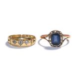 An 18 carat gold diamond three stone ring, finger size L and a gem set ring, indistinctly marked,