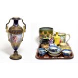 Doulton jardiniere, blue and white tea bowls, Queen Victoria tyg, and a Sevres style blue and gilt