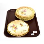 A set of three Royal Worcester plates, painted with floral splays, and a set of six Royal China work