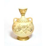 Royal Worcester blush ivory floral decorated twin handled vase, shape: 1109, 23cm high