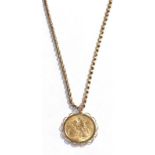 A 1926 full sovereign mounted as a pendant on chain, length 49.5cm . Chain with applied plaque