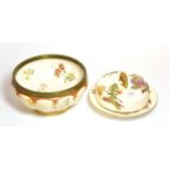 A Royal Worcester petal mounted bowl, painted with floral sprays and gilt highlighting on a blush
