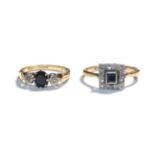 An 18 carat gold sapphire and diamond three stone ring, finger size L and a sapphire and diamond