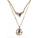 A 9 carat gold amethyst pendant on a 9 carat gold chain, pendant length 2.3cm, chain length 40cm and