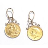 A pair of half sovereign drop earrings, both dated 1915, length 4.0cm . Gross weight 9.08 grams.