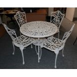 A Victorian style aluminium and white painted garden table and four chairs