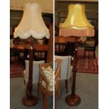 A mahogany standard lamp (adapted from a bed post) and a walnut standard lamp