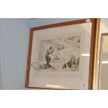 Henry Wilkinson, Trout fishing, signed drypoint etching, 24cm by 36cm