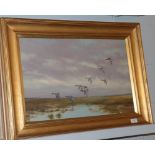 Wilfred Bailey, Geese over marshes, signed, oil on canvas, 39cm by 60cm