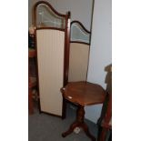 A late Edwardian three-fold dressing screen and a Victorian pedestal table