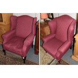 Two feather filled Queen Anne style wing back chairs, with matching upholstery