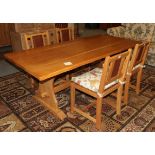 An English oak refectory style table, modern, of rectangular wavy shaped form, on trestle end