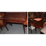 A group of furniture comprising 18th century oak fold over tea table, five assorted dining chairs