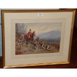Andrew Beer (19th/20th Century) Huntsman and hounds in full cry, signed, watercolour, 24cm by 34cm