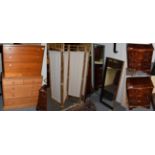 A pair of mahogany reproduction bed side desk, a stag teak chest of drawers, oak five drawer