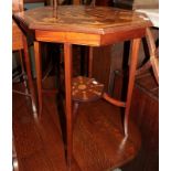 A late Victorian parquetry decorated occasional table, foliate and bird decoration with tapering