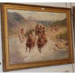 Harry Bishop, Native Americans pursuing a stage coach, signed, oil on canvas, 74.5.cm by 100cm